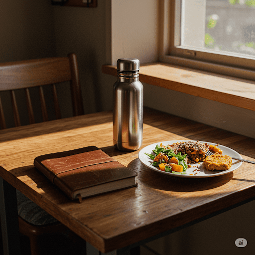 a plate of food and a book on a table showcasing healthy habits