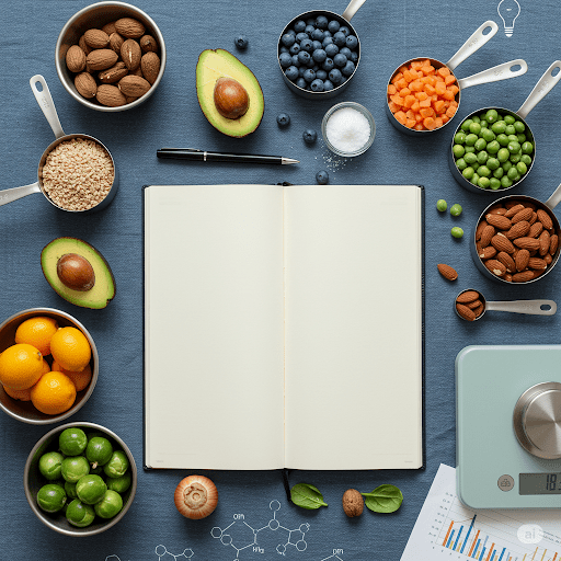 a book and various food items around it